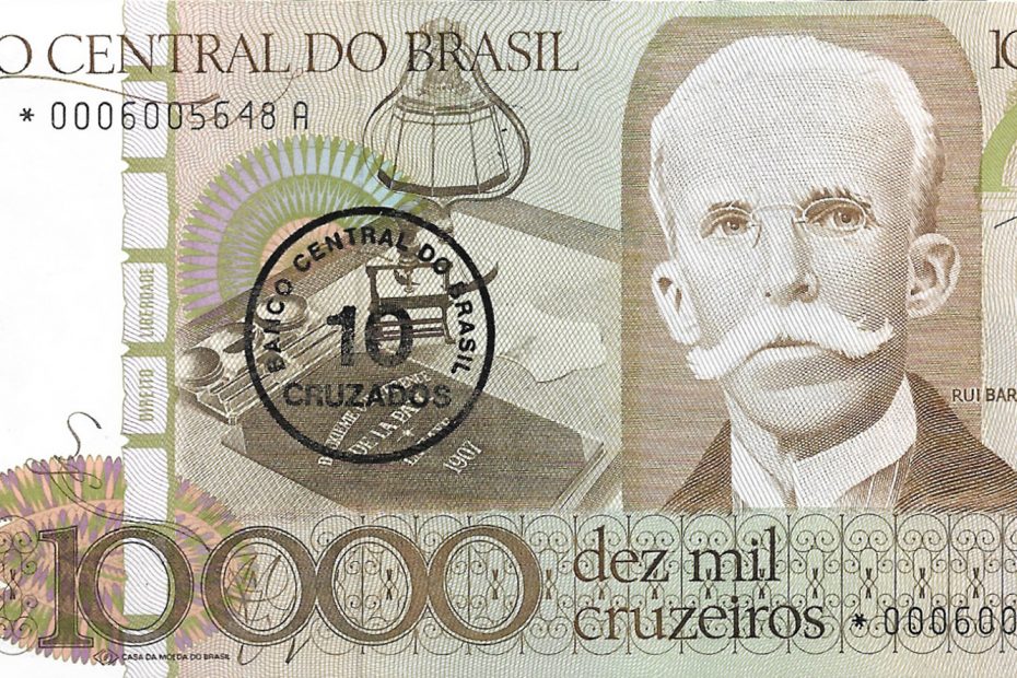 Nota de dez mil cruzeiros carimbada como dez cruzados. Foto: reprodução.